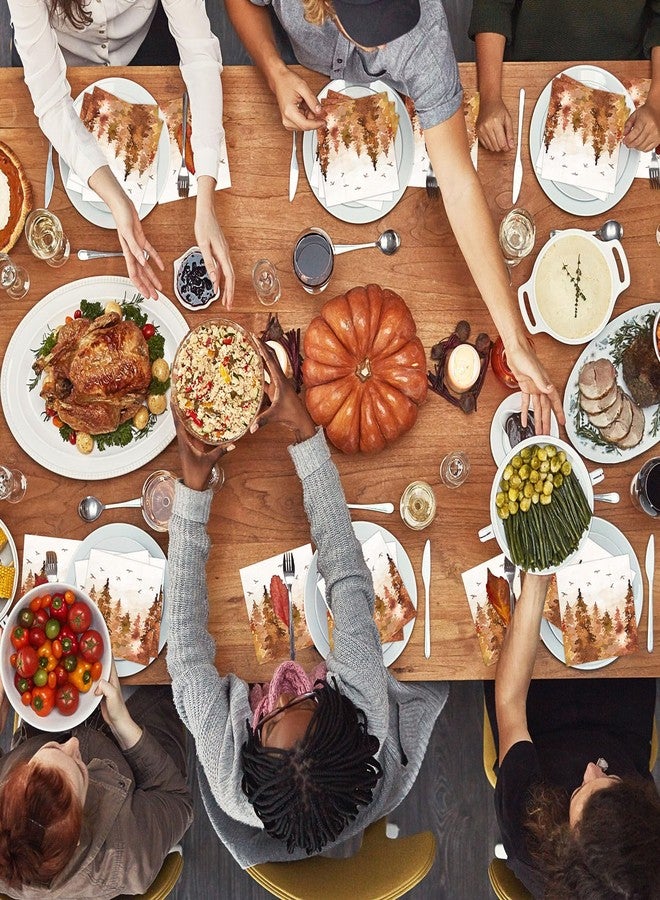 وولاين مجموعة مناديل ورقية من والين، ٥٠ قطعة، بتصميم ألوان مائية لأشجار الصنوبر والطيور، مناسبة لعيد الشكر الخريفي، للاستخدام مرة واحدة، مثالية للغداء والعشاء، ولحفلات الخريف. - Image 4